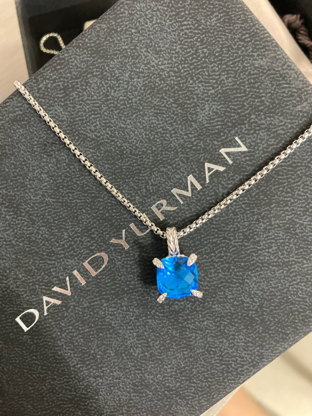 Authentic David Yurman Blue Cushion-Cut Blue Topaz Pendant Necklace